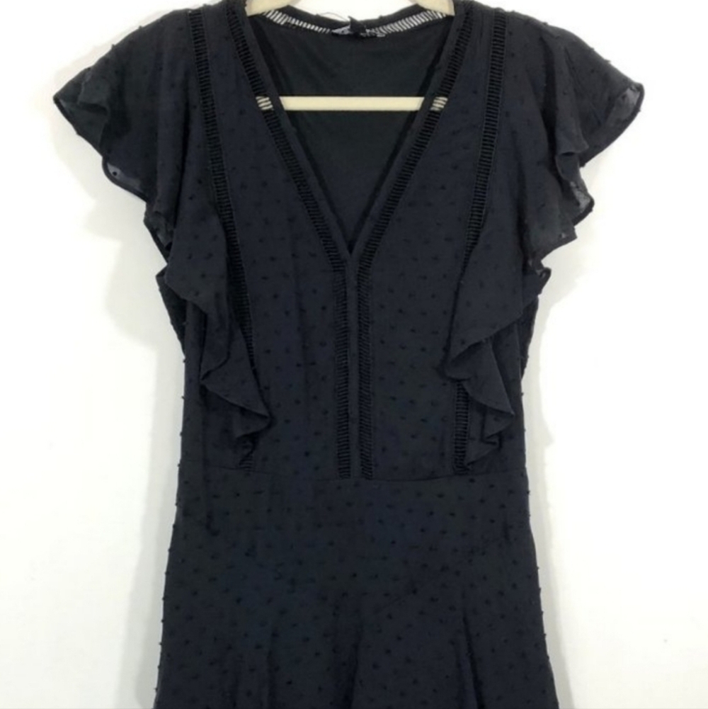 Express Flutter Sleeve V-Neck Black Swiss Dot Fit & Flare Mini Dress, Size XS
